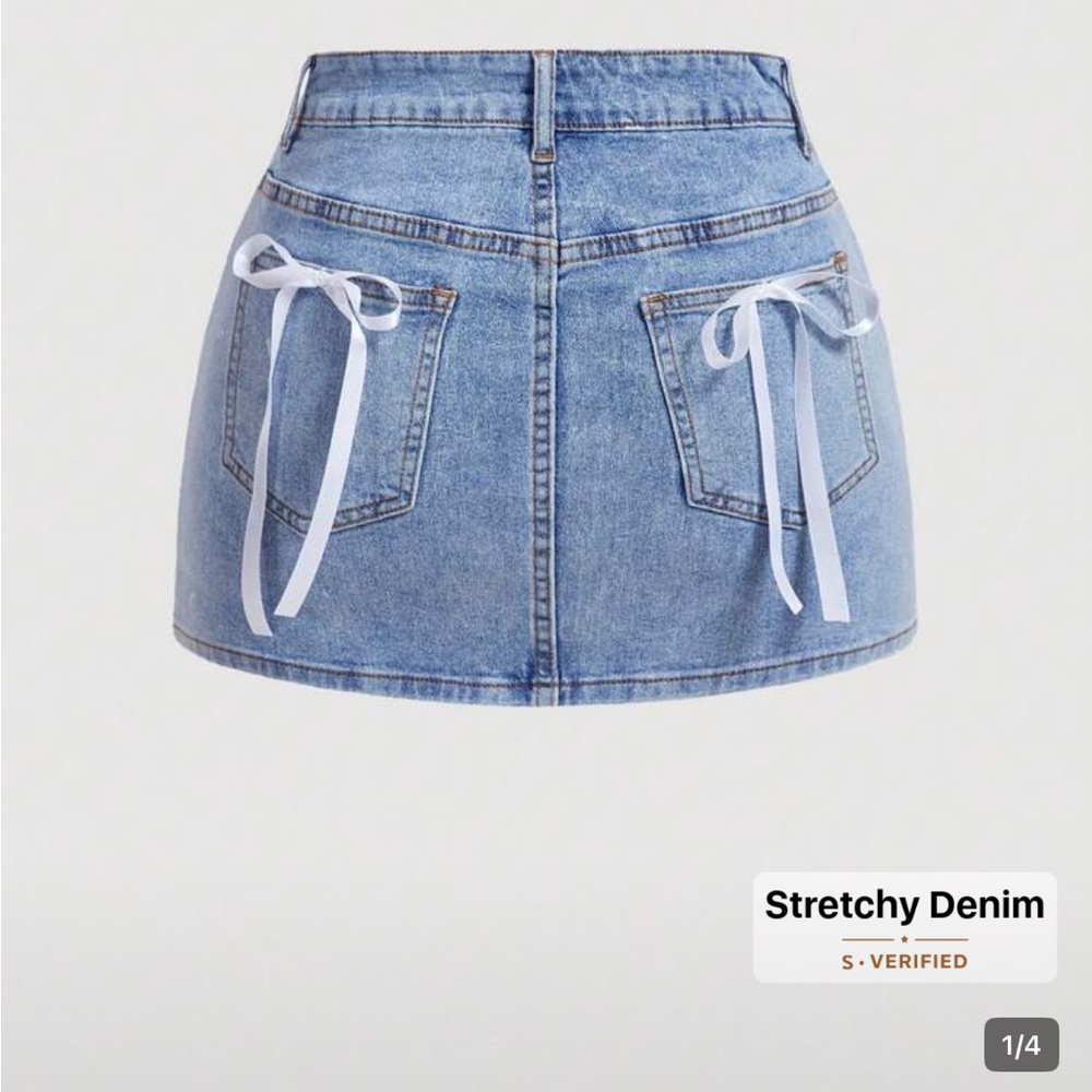 Blue Denim Mini Skirt with White Bow Accents
